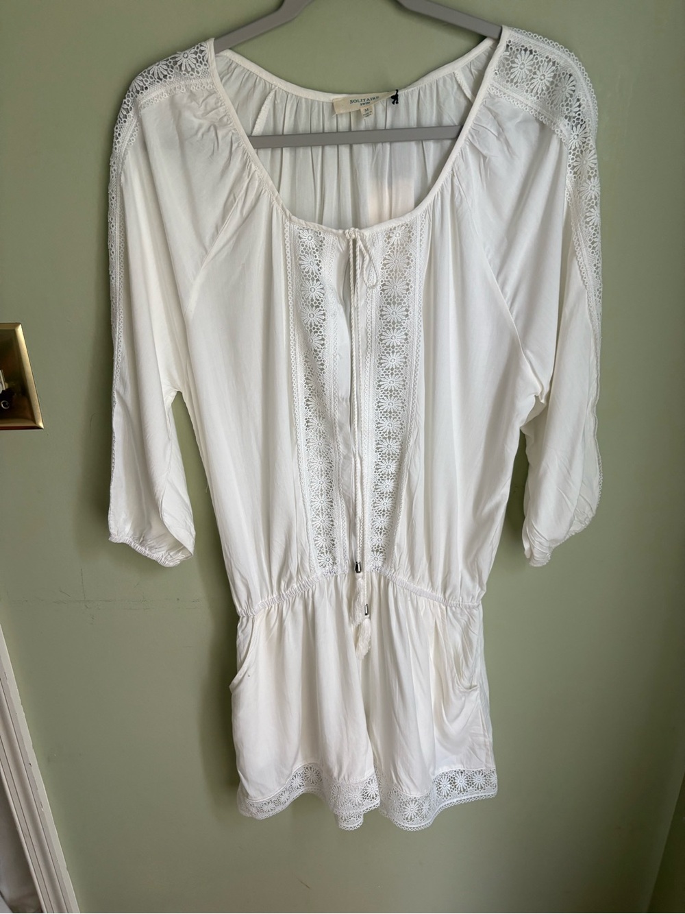 NWT Solitaire White Swim Romper/Coverup  Size M Boho Crochet-Trim. Lovely!